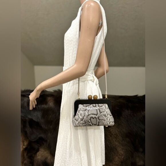 Snake Embossed Leather Handmade Wooden Frame Clutch, Wristlet, Crossbody Bag - Picture 11 of 16